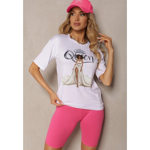 Różowo-Biały Komplet 2-Częściowy Koszulka z Ozdobnym Nadrukiem i Elastyczne Kolarki High Waist Vannesa ze sklepu Renee odzież w kategorii Komplety i garnitury damskie - zdjęcie 172056782