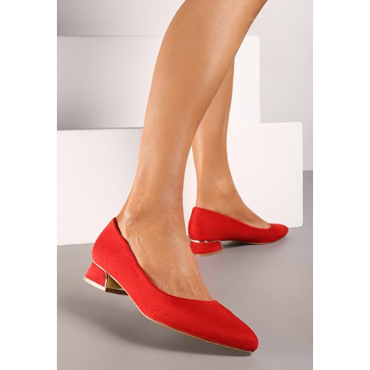 Czerwone Czółenka na Słupku Ozdobione Metalicznymi Wstawkami Oanest 36 born2be.pl okazyjna cena