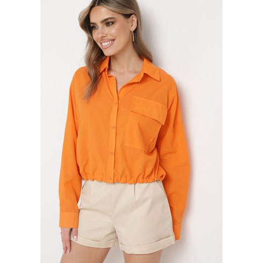 Pomarańczowa Bawełniana Koszula z Dłuższym Tyłem z Ozdobną Kieszonką i Gumką Ralena ze sklepu Born2be Odzież w kategorii Koszule damskie - zdjęcie 172058930