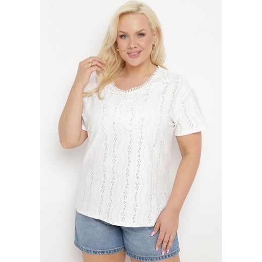 Biały T-shirt Bluzka z Ażurowym Wzorem i Koronką Civina ze sklepu Born2be Odzież w kategorii Bluzki damskie - zdjęcie 172059021