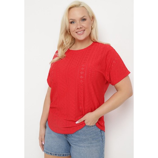 Czerwony T-shirt Koszulka z Krótkim Rękawem o Ażurowym Wykończeniu Meaara ze sklepu Born2be Odzież w kategorii Bluzki damskie - zdjęcie 172059031