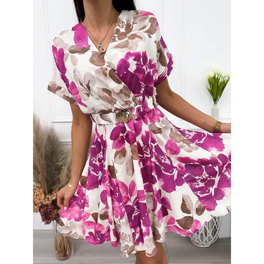 Kremowa Sukienka w Fioletowe Kwiaty ze sklepu ModnaKiecka.pl w kategorii Sukienki - zdjęcie 172062381