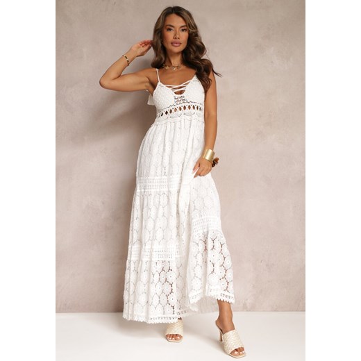 Biała Ażurowa Sukienka Maxi na Ramiączkach z Ozdobnym Dekoltem Morgina ze sklepu Renee odzież w kategorii Sukienki - zdjęcie 172074663