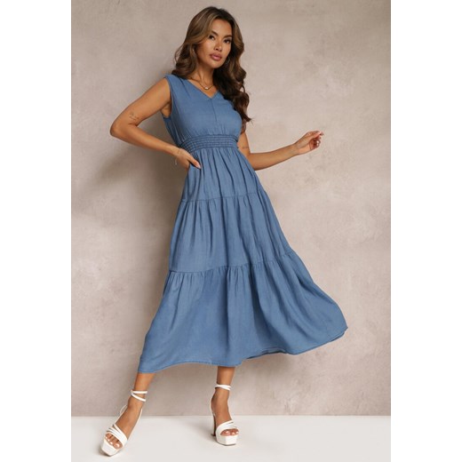 Niebieska Rozkloszowana Sukienka z Falbanką i Wiązaniem na Plecach Rawdyn ze sklepu Renee odzież w kategorii Sukienki - zdjęcie 172074703