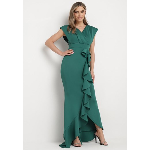 Zielona Asymetryczna Sukienka z Dekoltem V i Ozdobną Falbaną Efiola ze sklepu Born2be Odzież w kategorii Sukienki - zdjęcie 172083470