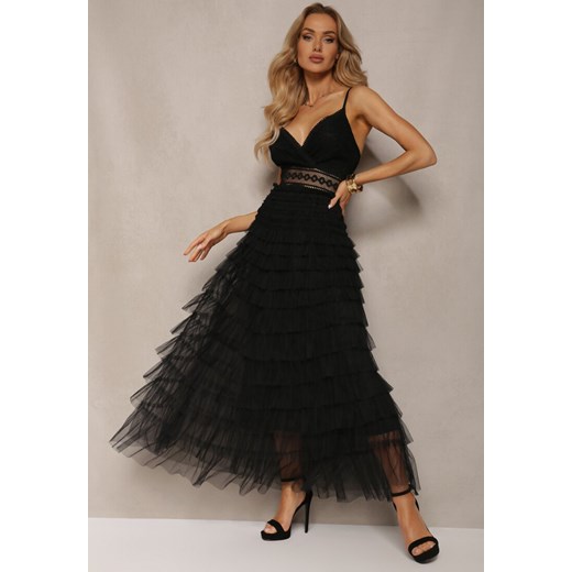 Czarna Sukienka z Koronką na Regulowanych Ramiączkach z Falbankami Joellama ze sklepu Renee odzież w kategorii Sukienki - zdjęcie 172090370