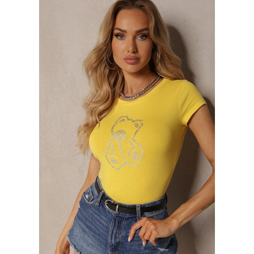 Żółty T-shirt z Bawełny z Aplikacją z Cyrkonii Fierana ze sklepu Renee odzież w kategorii Bluzki damskie - zdjęcie 172090440
