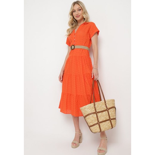 Pomarańczowa Bawełniana Sukienka o Ażurowym Wykończeniu z Krótkim Rękawem Zapinana na Guziki Kataria ze sklepu Born2be Odzież w kategorii Sukienki - zdjęcie 172090803