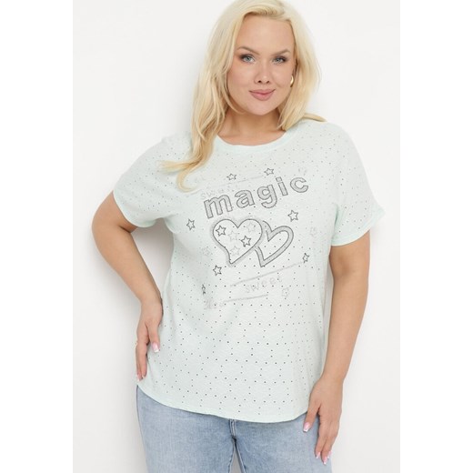 Miętowy T-shirt Ażurowy z Ozdobnymi Cyrkoniami Cevola ze sklepu Born2be Odzież w kategorii Bluzki damskie - zdjęcie 172091072