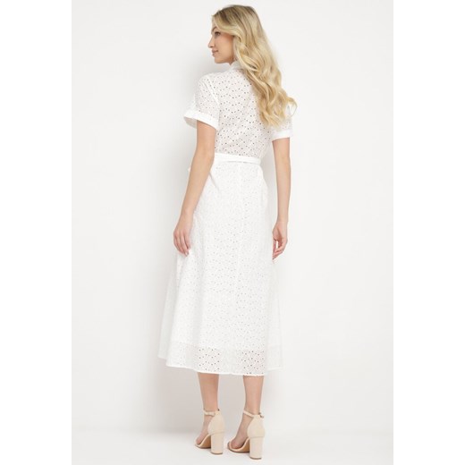 Biała Bawełniana Sukienka z Haftowanej Tkaniny Zapinana na Guziki z Materiałowym XL Born2be Odzież