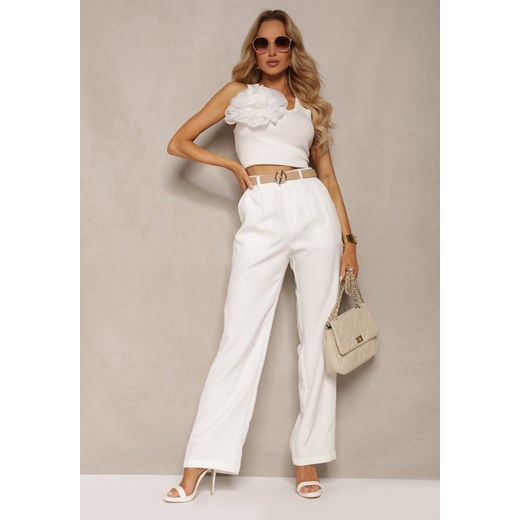 Białe Garniturowe Spodnie High Waist z Gumką w Talii Oziara ze sklepu Renee odzież w kategorii Spodnie damskie - zdjęcie 172098803