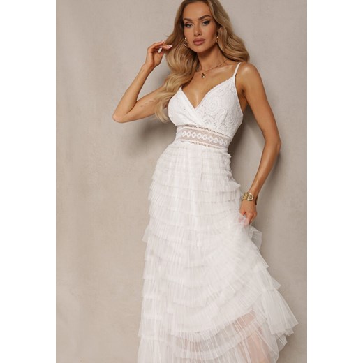 Biała Sukienka z Koronką na Regulowanych Ramiączkach z Falbankami Joellama ze sklepu Renee odzież w kategorii Sukienki - zdjęcie 172099180