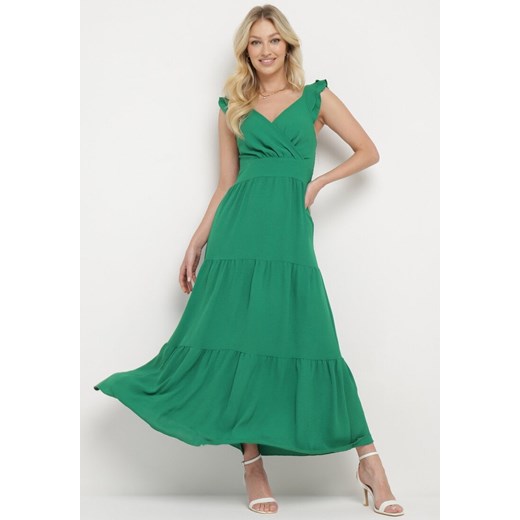 Zielona Sukienka na Ramiączkach z Falbanką z Kopertowym Dekoltem i Gumkami w Talii Gaveta ze sklepu Born2be Odzież w kategorii Sukienki - zdjęcie 172102212