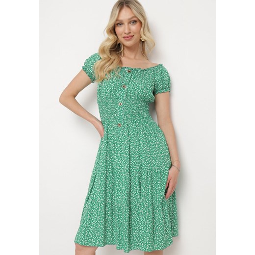 Zielona Bawełniana Sukienka w Drobne Kwiaty z Gumkami w Talii Fielita ze sklepu Born2be Odzież w kategorii Sukienki - zdjęcie 172102411