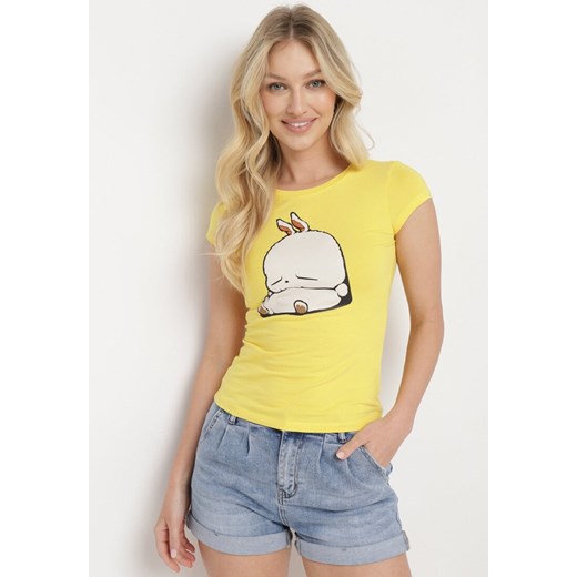Żółty Bawełniany T-shirt z Ozdobnym Nadrukiem Ianestra ze sklepu Born2be Odzież w kategorii Bluzki damskie - zdjęcie 172102472