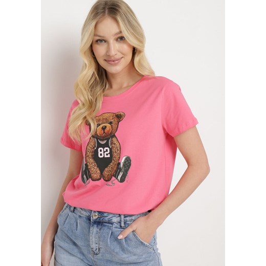 Różowy Bawełniany T-shirt z Ozdobnym Nadrukiem Wanestra ze sklepu Born2be Odzież w kategorii Bluzki damskie - zdjęcie 172102500