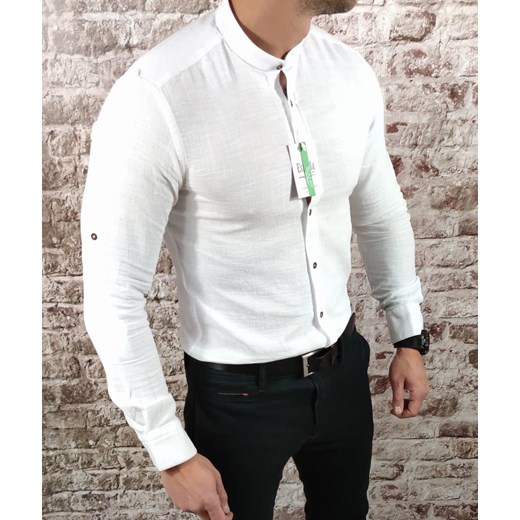 Koszula tkanina lniana grubsza  ze stójką slim fit biała ESP010  DM Espada Men’s Wear XL Moda Męska