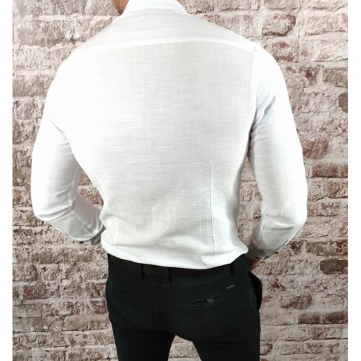 Koszula tkanina lniana grubsza  ze stójką slim fit biała ESP010  DM Espada Men’s Wear L Moda Męska