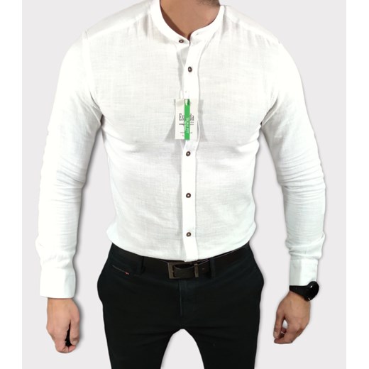 Koszula tkanina lniana grubsza  ze stójką slim fit biała ESP010  DM ze sklepu Moda Męska w kategorii Koszule męskie - zdjęcie 172129614