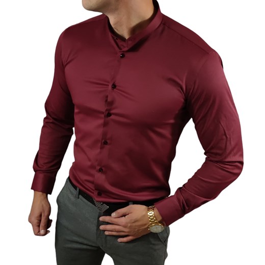 Koszula elegancka  ze stójką slim fit  bordowa ESP013   DM ze sklepu Moda Męska w kategorii Koszule męskie - zdjęcie 172129672