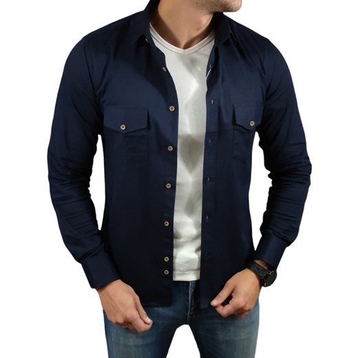 Koszula casualowa slim fit z kieszonkami  granatowa ESP014 DM ze sklepu Moda Męska w kategorii Koszule męskie - zdjęcie 172129694