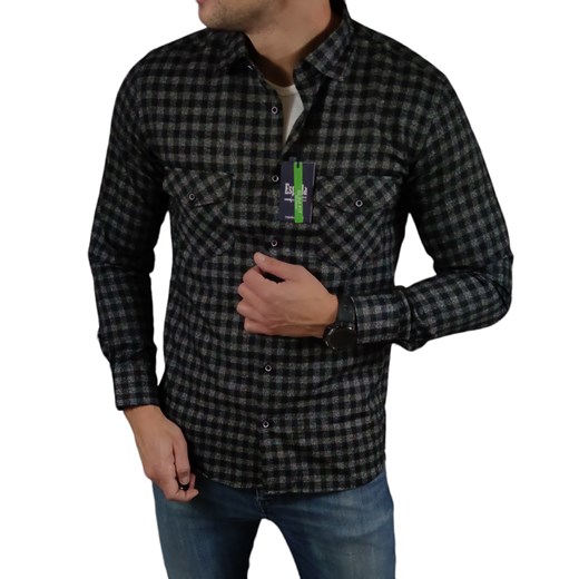 Ciepła koszula flanelowa slim fit z kieszonkami  grafit drobna kratka  ESP015 DM Espada Men’s Wear XL Moda Męska