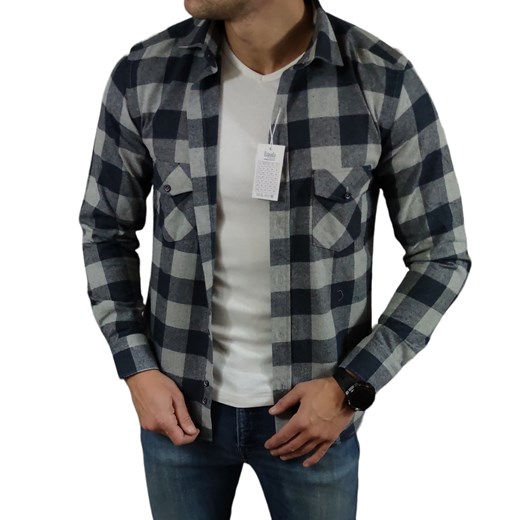 Ciepła koszula flanelowa slim fit z kieszonkami  czarno-biała krata  ESP015  DM Espada Men’s Wear XL Moda Męska