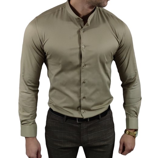 Koszula elegancka  ze stójką slim fit  beżowa ESP013    DM ze sklepu Moda Męska w kategorii Koszule męskie - zdjęcie 172129733