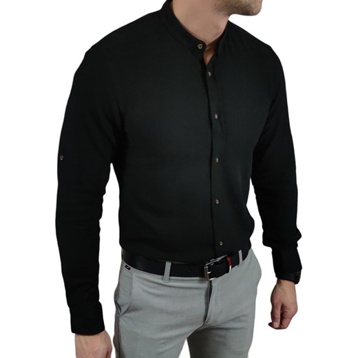 Koszula tkanina lniana grubsza  ze stójką slim fit czarna ESP010   DM ze sklepu Moda Męska w kategorii Koszule męskie - zdjęcie 172129771