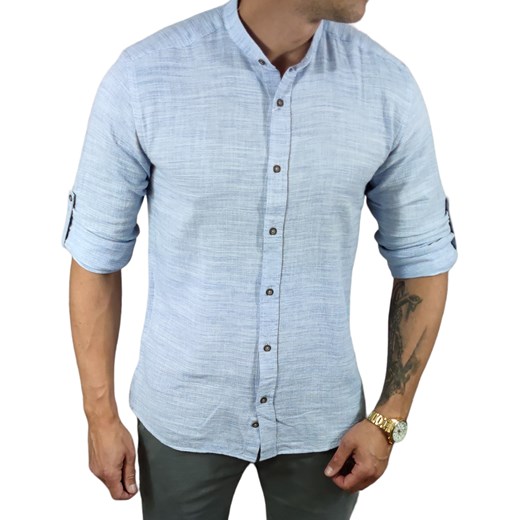 Koszula tkanina lniana grubsza  ze stójką slim fit błękitna ESP010  DM Espada Men’s Wear XL Moda Męska
