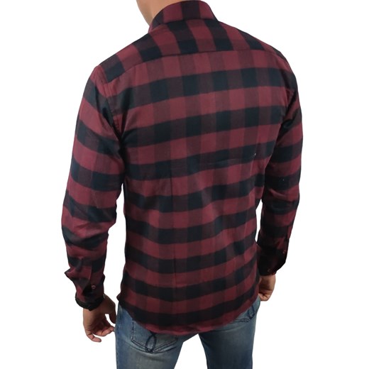 Ciepła koszula flanelowa slim fit z kieszonkami  bordowa krata  ESP015   DM Espada Men’s Wear XL Moda Męska
