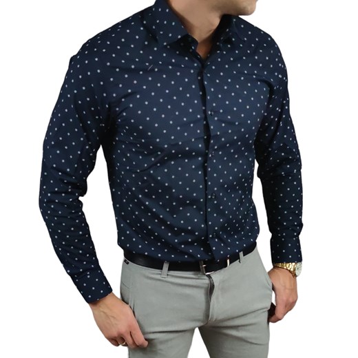 Koszula  slim fit   granatowa płatki  ESP015   DM ze sklepu Moda Męska w kategorii Koszule męskie - zdjęcie 172129892