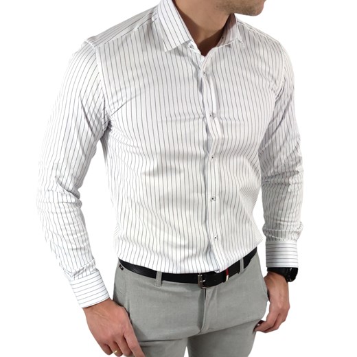 Koszula  slim fit   biała w czarne paseczki  ESP019    DM ze sklepu Moda Męska w kategorii Koszule męskie - zdjęcie 172129921