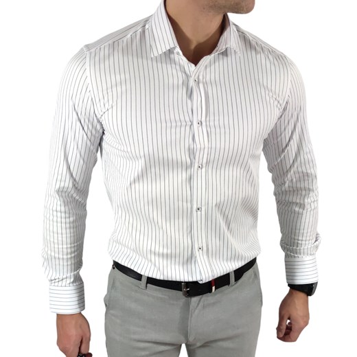 Koszula  slim fit   biała w czarne paseczki  ESP019    DM Espada Men’s Wear XL Moda Męska