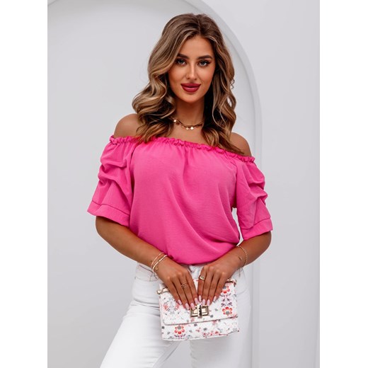 Pakuten bluzka damska z dekoltem typu hiszpanka różowa z krótkimi rękawami casualowa 