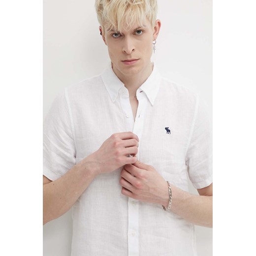 Abercrombie &amp; Fitch koszula lniana kolor biały regular z kołnierzykiem button-down ze sklepu ANSWEAR.com w kategorii Koszule męskie - zdjęcie 172143262