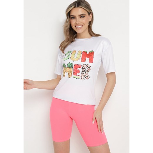 Różowo-Biały  Komplet  z T-shirtem i Szortami Typu Kolarki Tiimavee ze sklepu Born2be Odzież w kategorii Komplety i garnitury damskie - zdjęcie 172147222