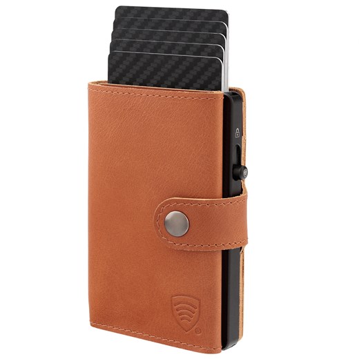 Skórzany portfel męski z zewnętrzną kieszenią na kartę oraz aluminiowym etui z wysuwanymi kartami (brąz) ze sklepu Koruma ID Protection w kategorii Portfele męskie - zdjęcie 172150502