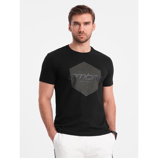 Męski t-shirt bawełniany z nadrukiem geometrycznym i logotypem - czarny V2 OM-TSPT-0141 ze sklepu ombre w kategorii T-shirty męskie - zdjęcie 172152192