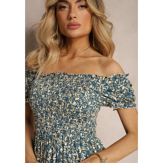 Niebieska Wiskozowa Sukienka w Kwiaty z Gumką w Talii i Marszczonym Dekoltem Renee M promocja Renee odzież