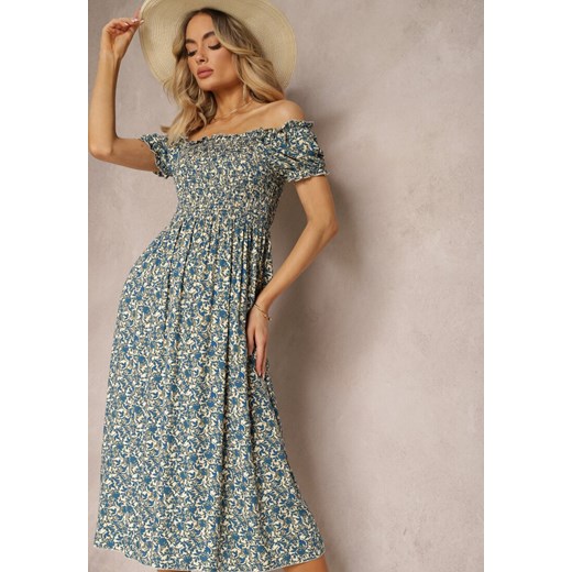 Niebieska Wiskozowa Sukienka w Kwiaty z Gumką w Talii i Marszczonym Dekoltem Renee L Renee odzież wyprzedaż