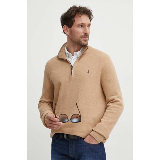 Polo Ralph Lauren sweter bawełniany kolor brązowy lekki z półgolfem ze sklepu ANSWEAR.com w kategorii Swetry męskie - zdjęcie 172170361