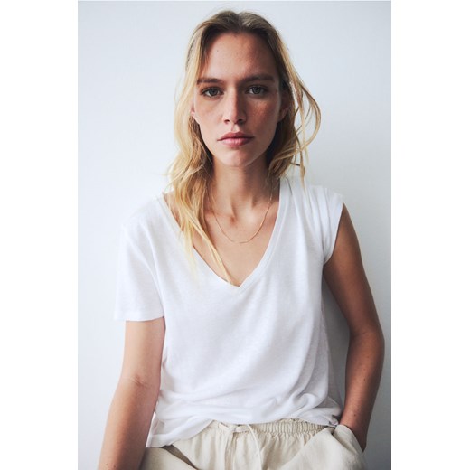 H & M - T-shirt z domieszką lnu - Biały ze sklepu H&M w kategorii Bluzki damskie - zdjęcie 172183552