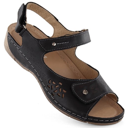 Skórzane komfortowe sandały damskie na rzepy czarne Helios 266-2.011 ze sklepu ButyModne.pl w kategorii Sandały damskie - zdjęcie 172183691