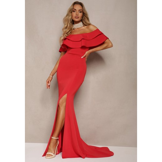 Czerwona Sukienka Wieczorowa o Fasonie Hiszpanki z Rozcięciami i Rozkloszowanym Dołem Ulcini ze sklepu Renee odzież w kategorii Sukienki - zdjęcie 172194871