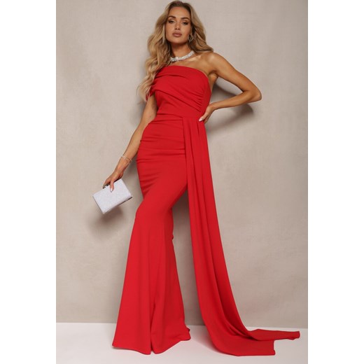 Czerwona Sukienka Maxi bez Ramiączek z Ozdobnym Trenem i Marszczeniem Kaliel Renee M promocja Renee odzież