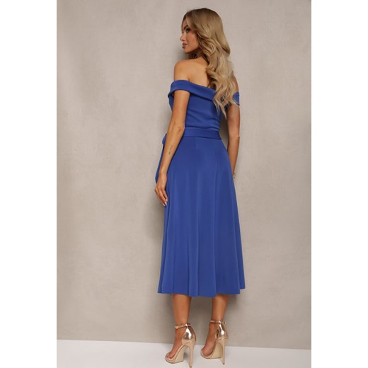 Niebieska Sukienka Wieczorowa Hiszpanka z Materiałowym Paskiem Yellia Renee M okazyjna cena Renee odzież