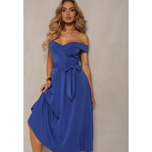 Niebieska Sukienka Wieczorowa Hiszpanka z Materiałowym Paskiem Yellia Renee M wyprzedaż Renee odzież