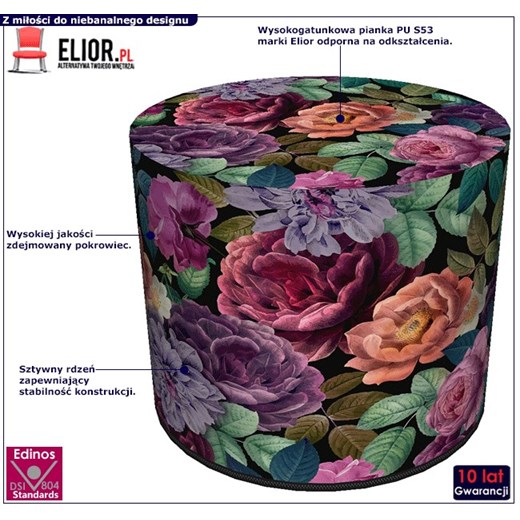 Okrągła tapicerowana zielono-różowa pufa w kwiaty - Matilda Elior One Size Edinos.pl