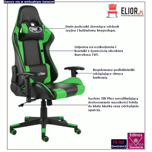 Czarno-zielony fotel dla gracza - Grando Elior One Size Edinos.pl